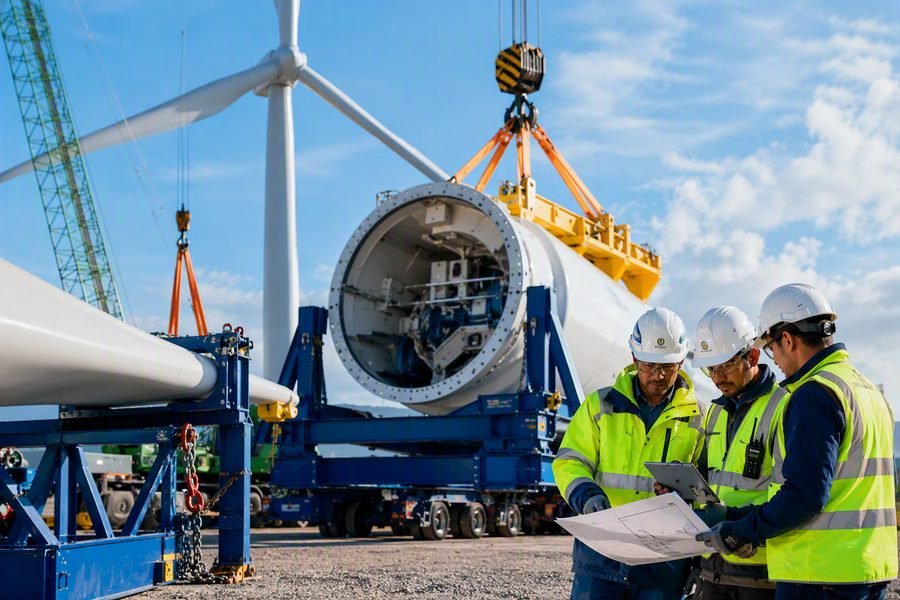 Nacelle on a transport frame being prepared for installation