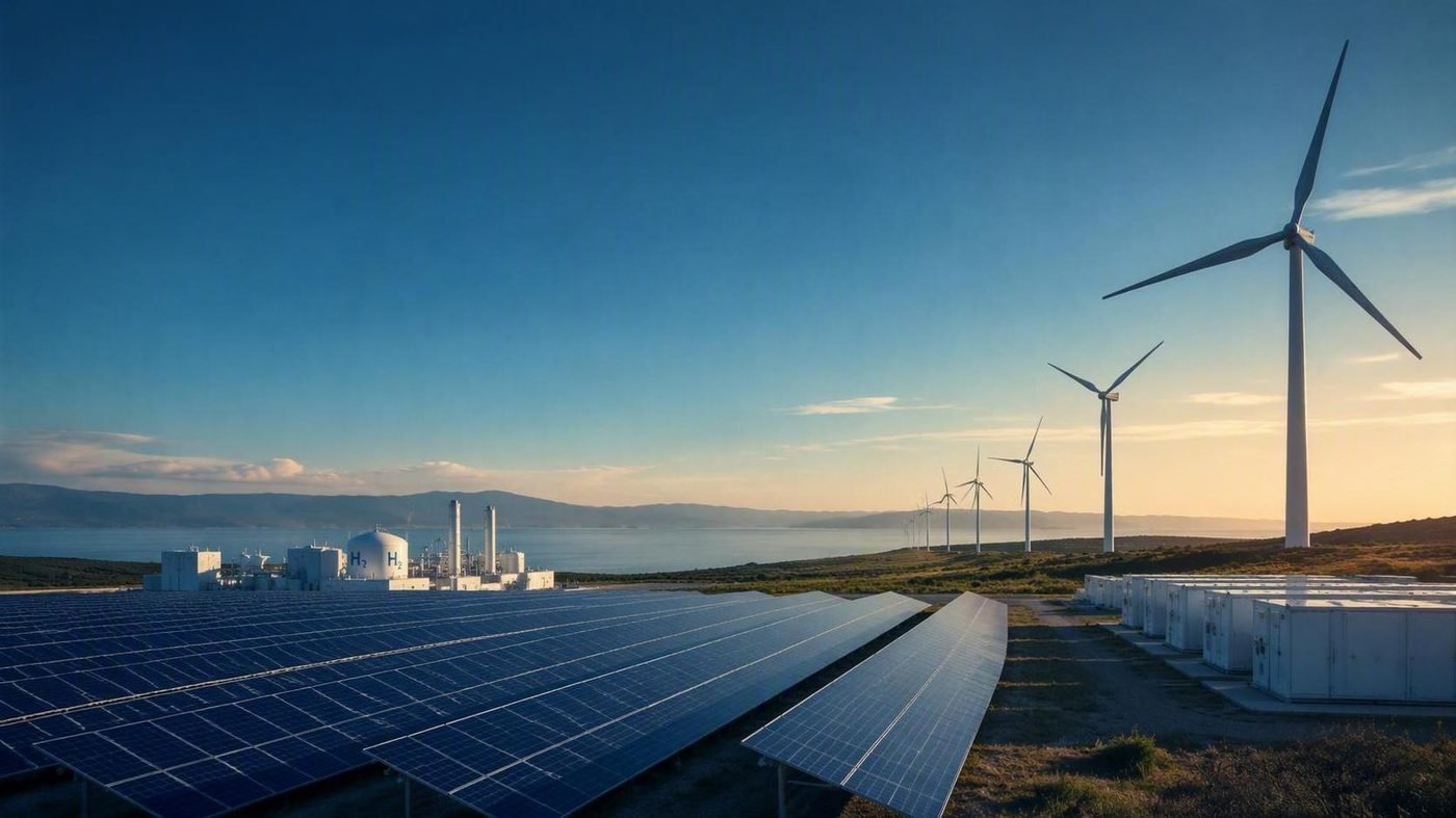 Wind and solar renewable energy infrastructure at dusk