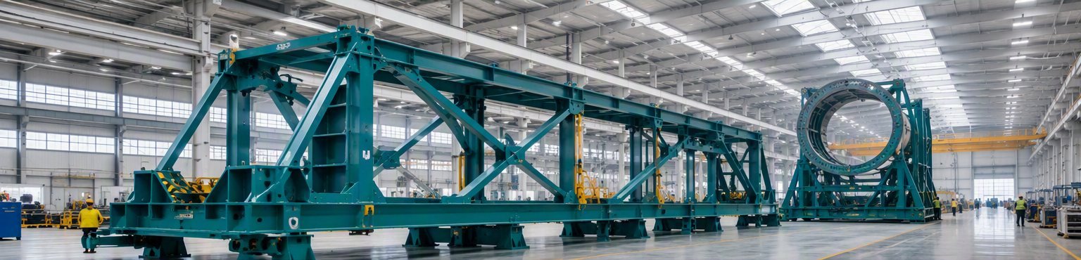 Large fabricated tooling frames inside a manufacturing facility